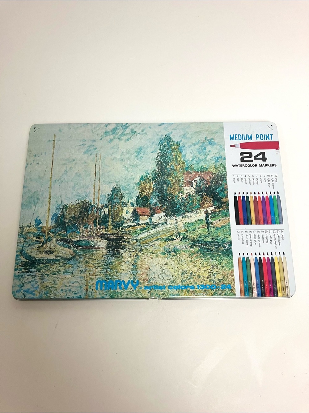 Vintage Marvy Watercolor Artist Colors 1300-24 Markers Monet Tin Made in Japan